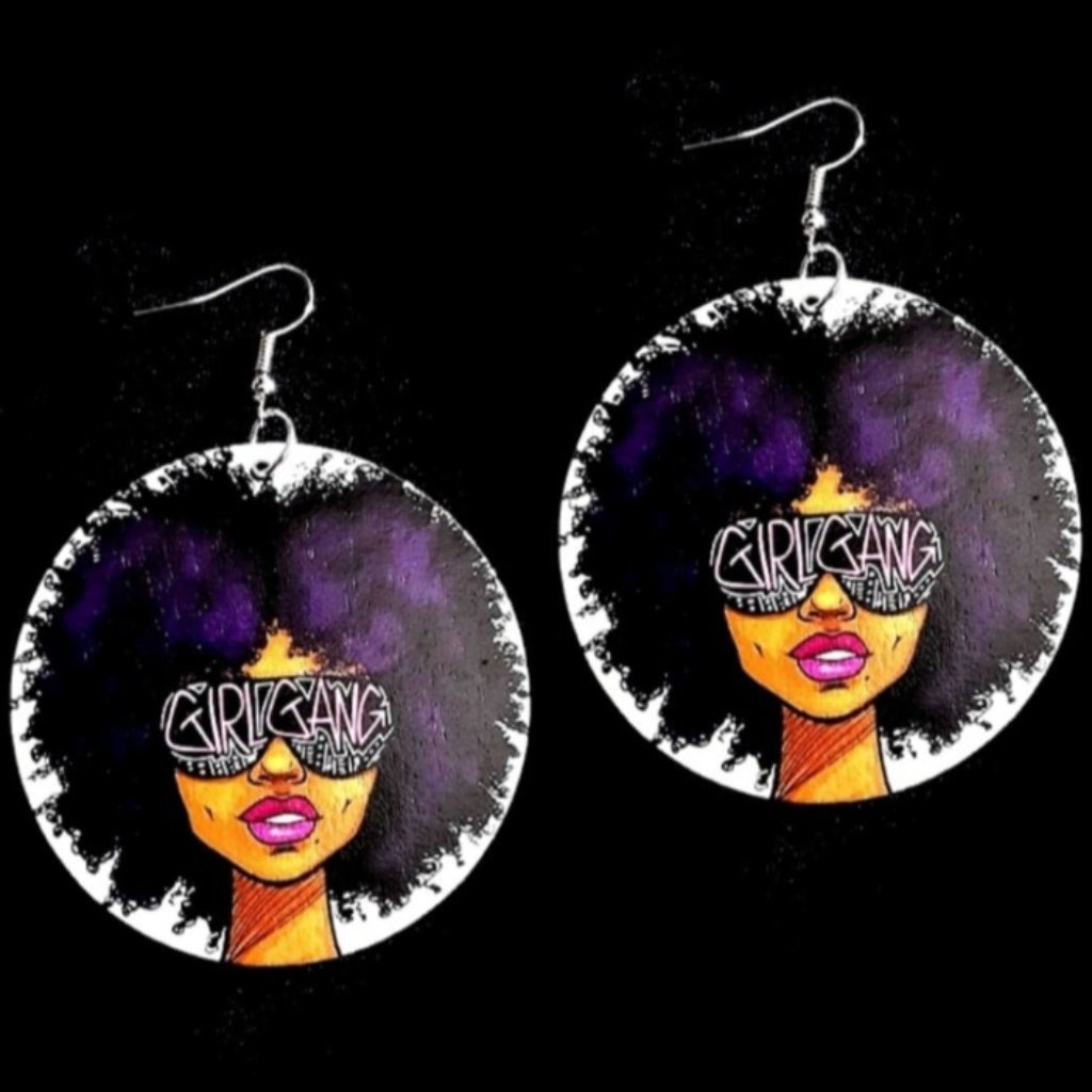 Girl Gang Purple Natural Hair Medium Statement Dangle Wood Earrings